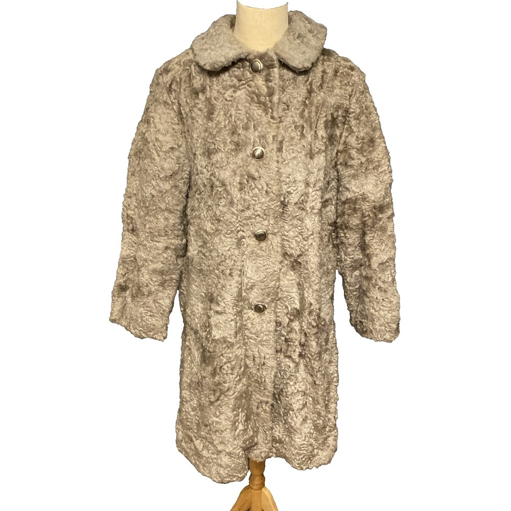 Vintage Fingerhut‎ Faux Fur Coat Gray Curly Textured Mod Button Front USA 16